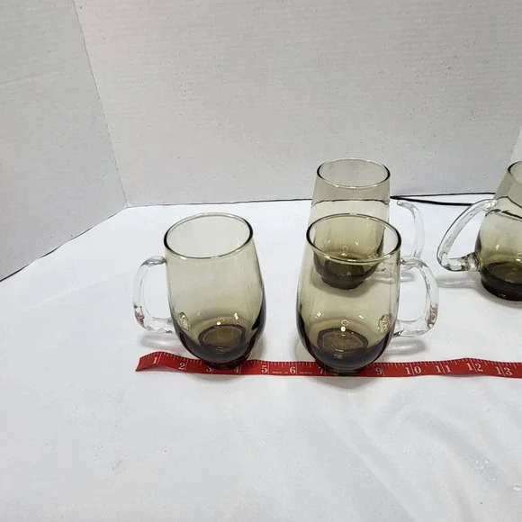 Vintage 1970's 1980's Smoked glasses Libbey Tempo Mug Clear Handle Set of 4 - Picture 6 of 7
